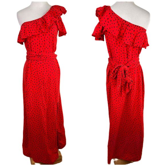 Billabong Sincerely Jules Red Polka Dot Ruffle One-Shoulder Dress Size Small - Picture 1 of 6